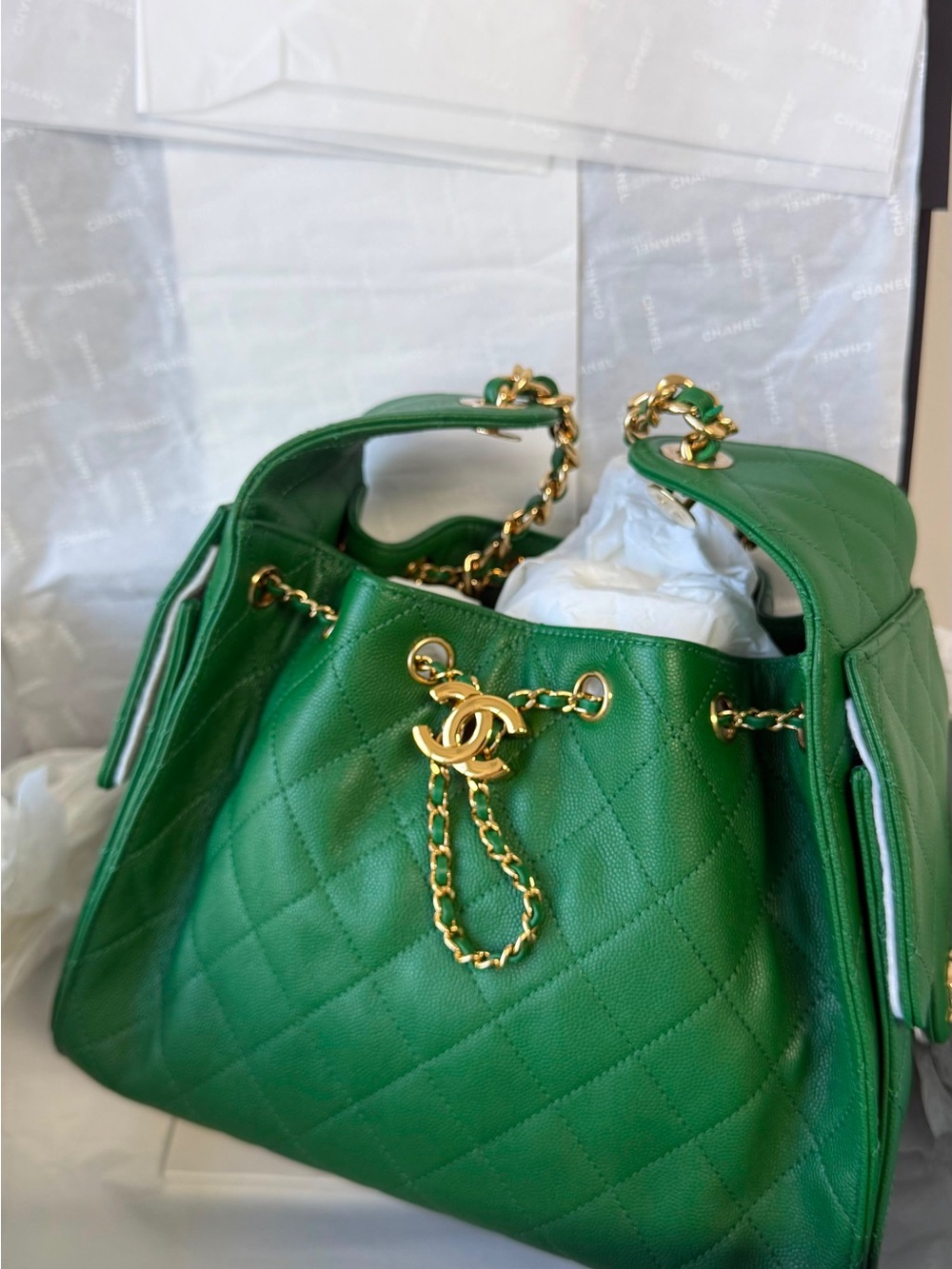CHANEL Green Quilted Leather Drawstring Shoulder Bag with Gold Hardware
